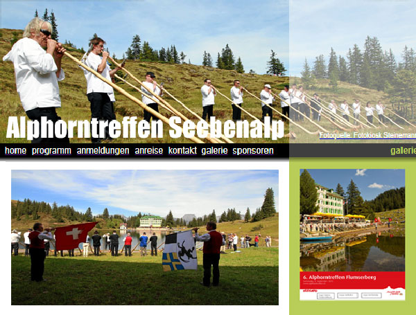 Interessantes Design der Homepage des Alphorntreffen auf der Seebenalp Flumserberg - programmiert von Stephan Kurath, Sargans (Schweiz)