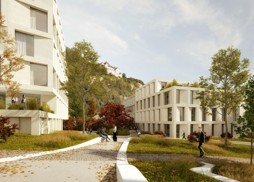 Projektmitarbeiter beim Entwurf mehrerer Gebäude für die in Liechtenstein ansässige Bank LGT mit grosser Dachterrasse und lichtdurchlässiger Tiefgaragendecke mit Wasserbassein.